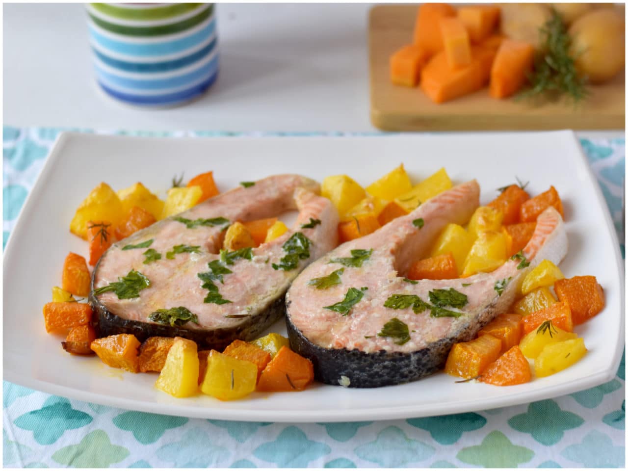 Salmone Al Forno Con Patate E Zucca Ricetta Di Misya